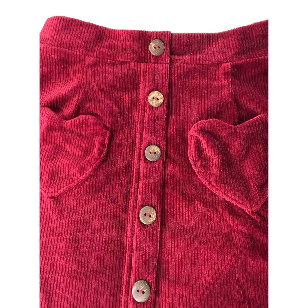 Shosho Girls Corduroy Skirt Size 6/6X Burgundy Red Heart Pockets Button Front - Picture 4 of 6